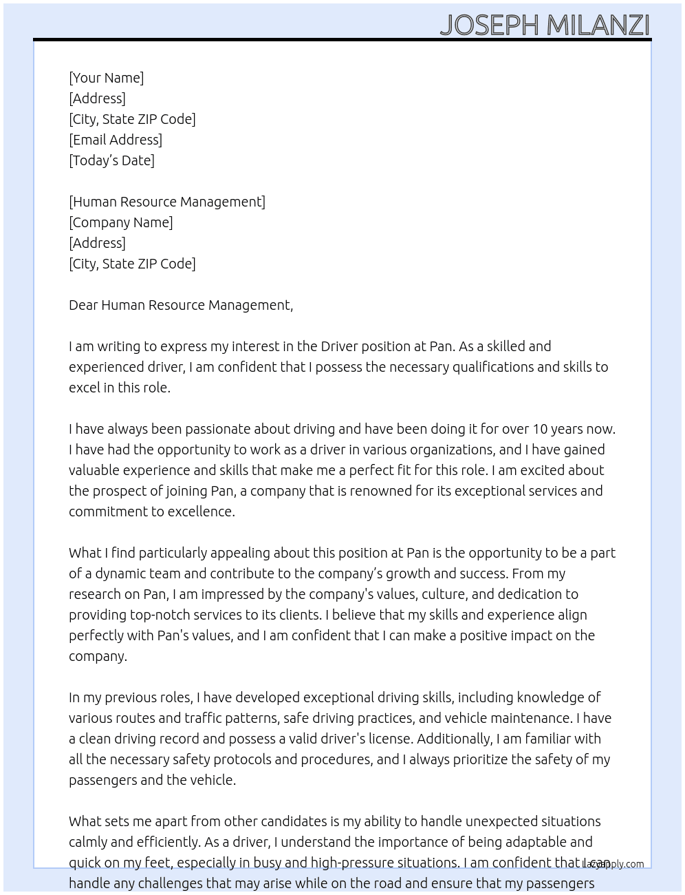 driver At pan Cover Letter