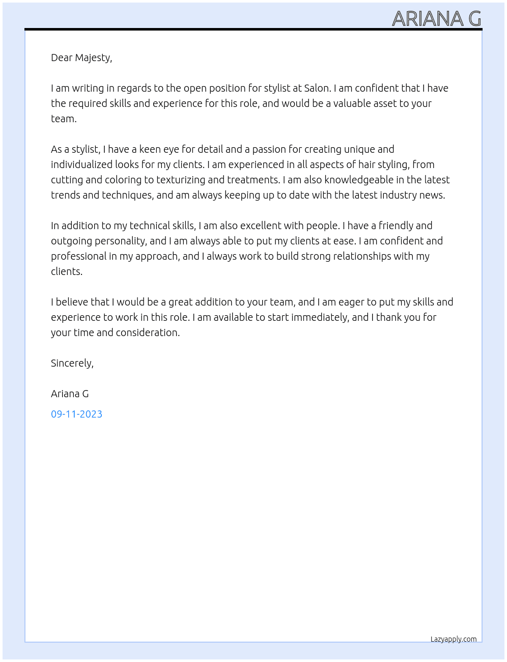 stylist At Salon  Cover Letter