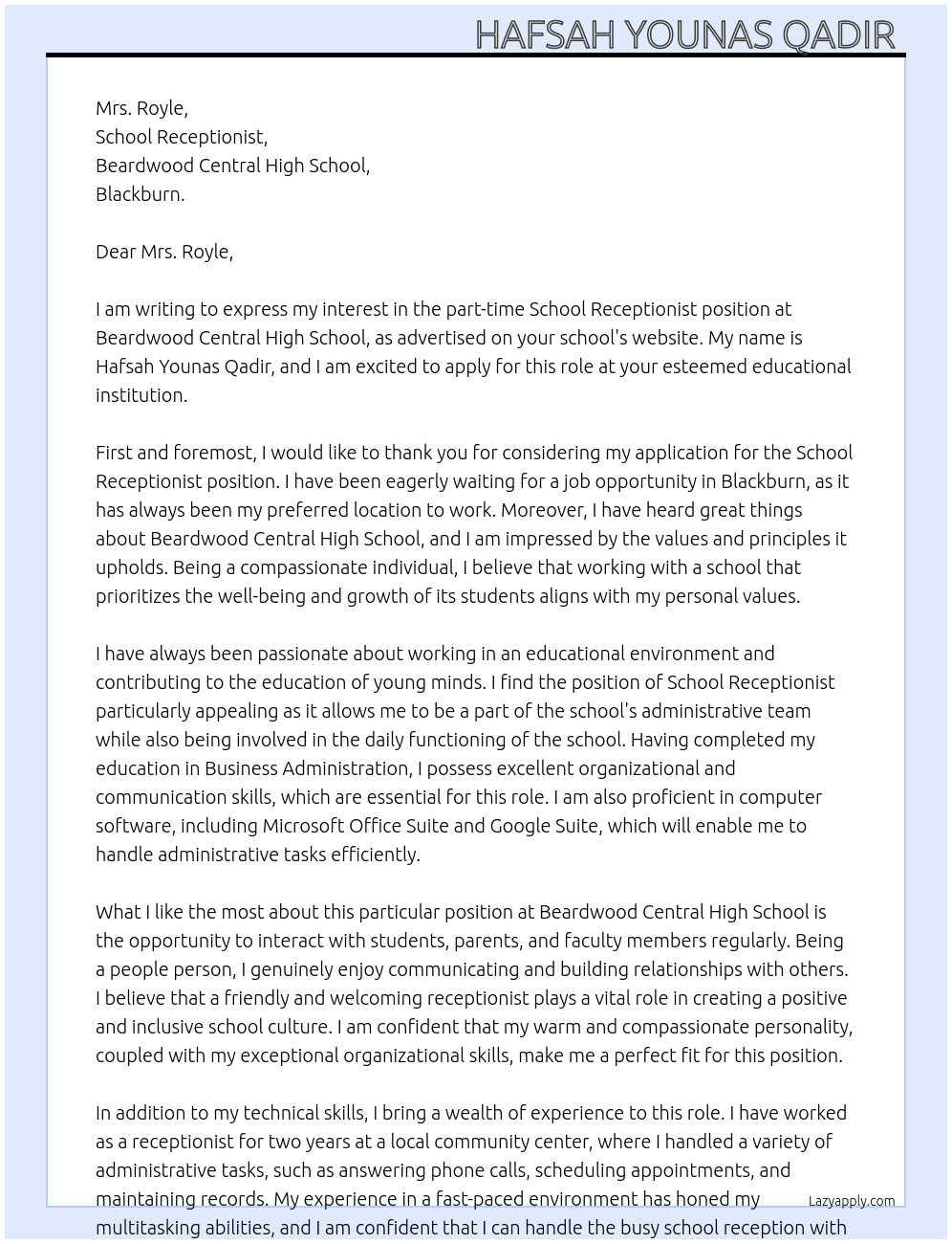 School receptionist At Beardwood central high school  Cover Letter