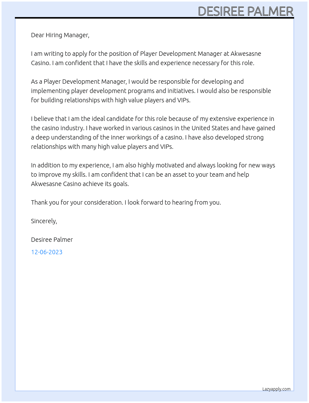 Player Development Manager At Akwesasne Casino Cover Letter