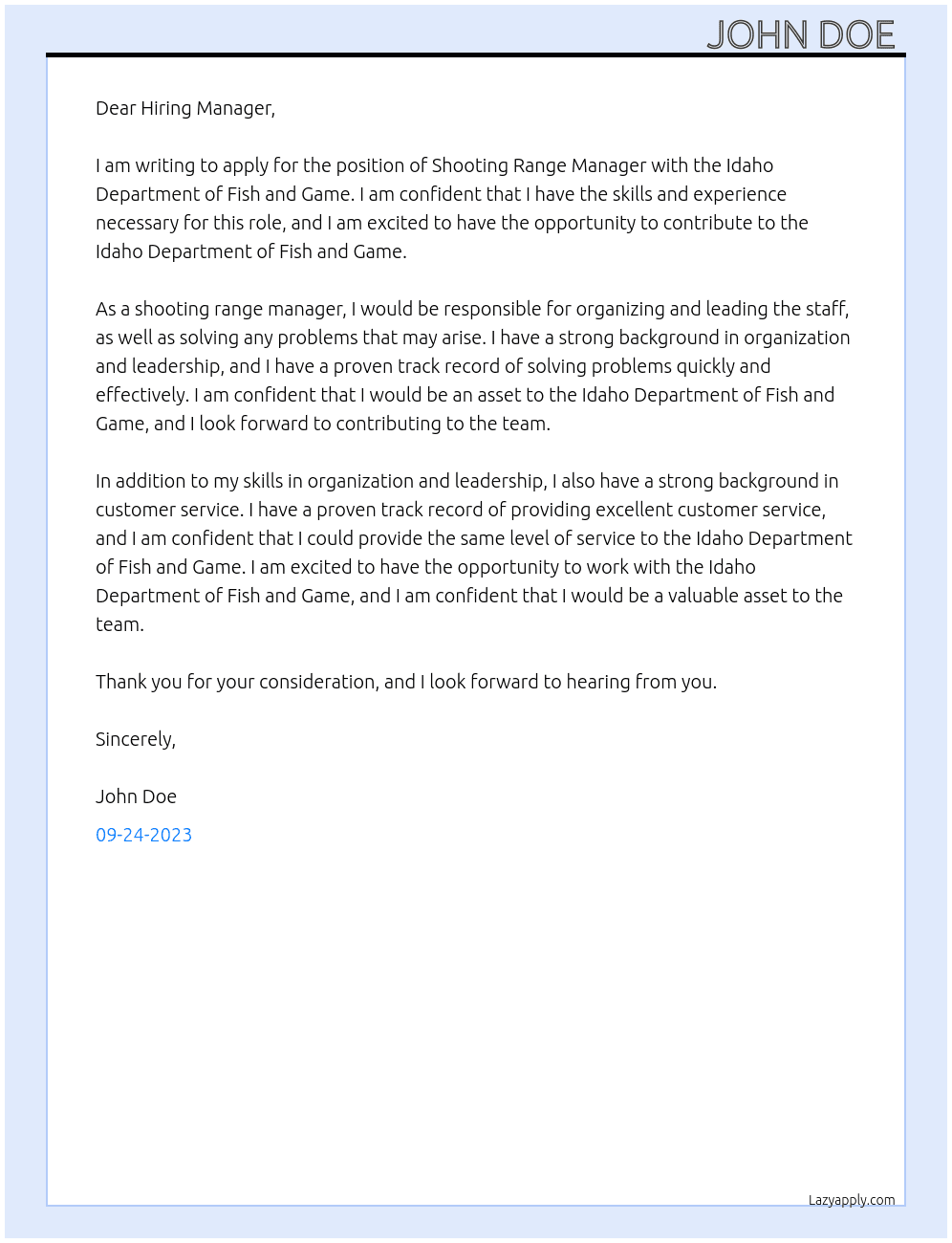 Shooting Range Manager At Idaho Department of Fish and Game Cover Letter