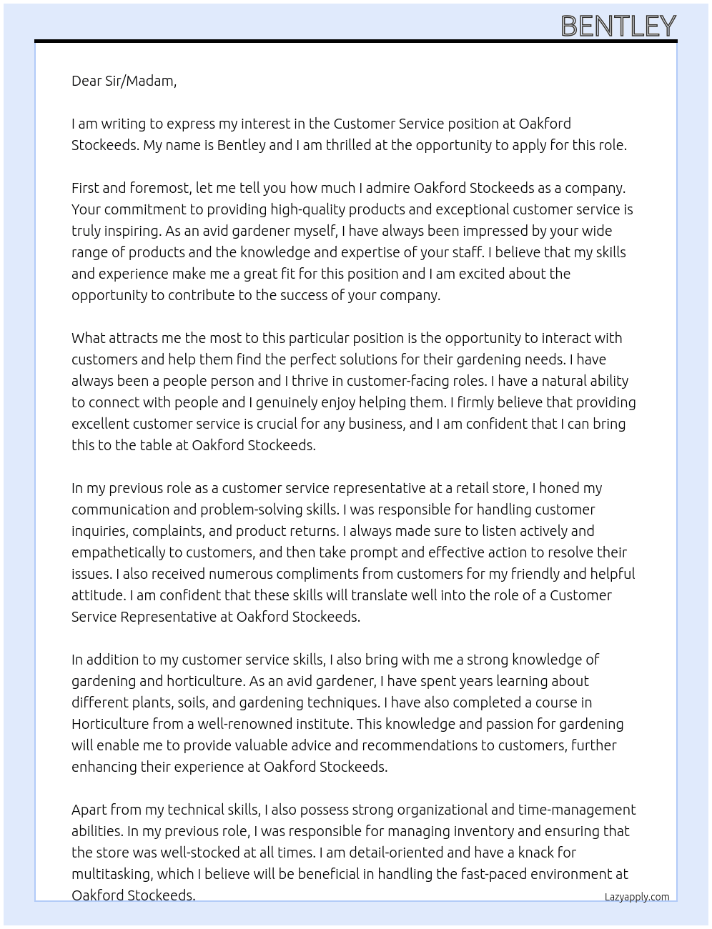 Customer Service At Oakford Stockeeds Cover Letter