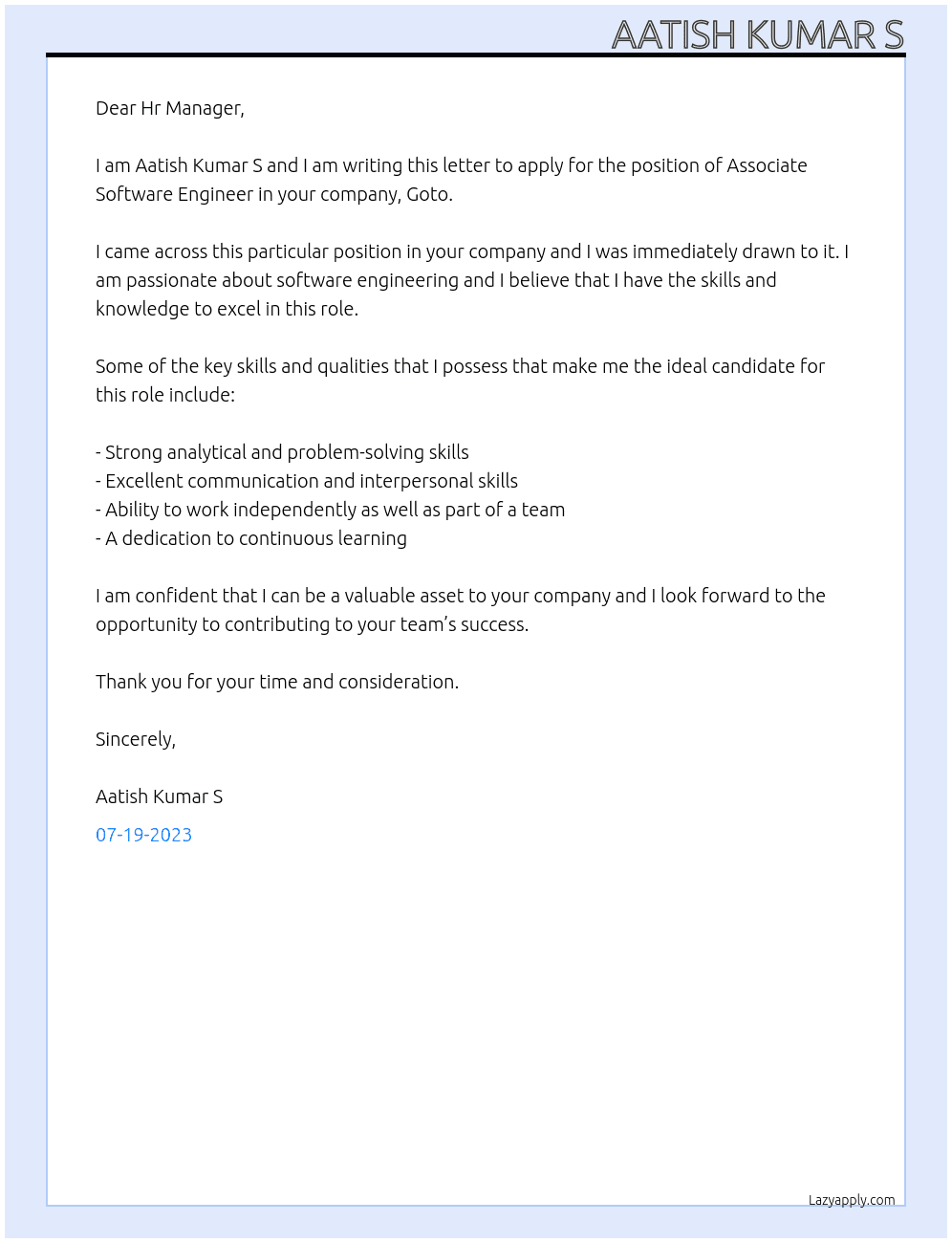 Associate Software Engineer At Goto Cover Letter