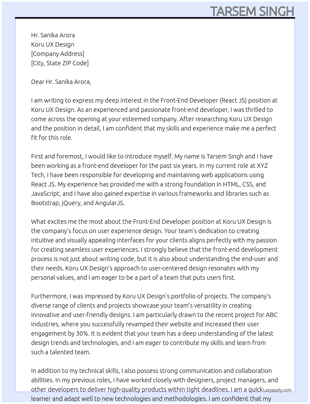 Front-End Developer (React JS) At Koru UX Design Cover Letter