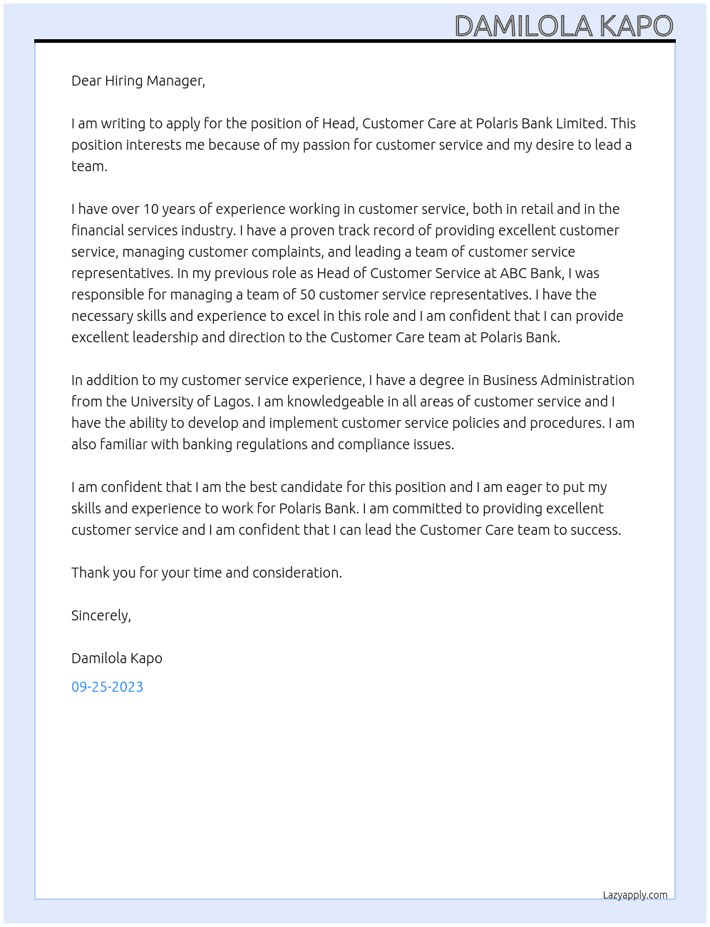 Head, Customer Care At Polaris Bank Limited Cover Letter