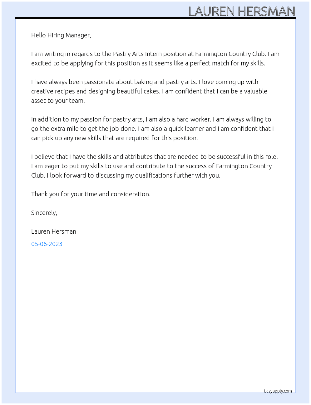 Pastry Arts Intern At Farmington Country Club Cover Letter