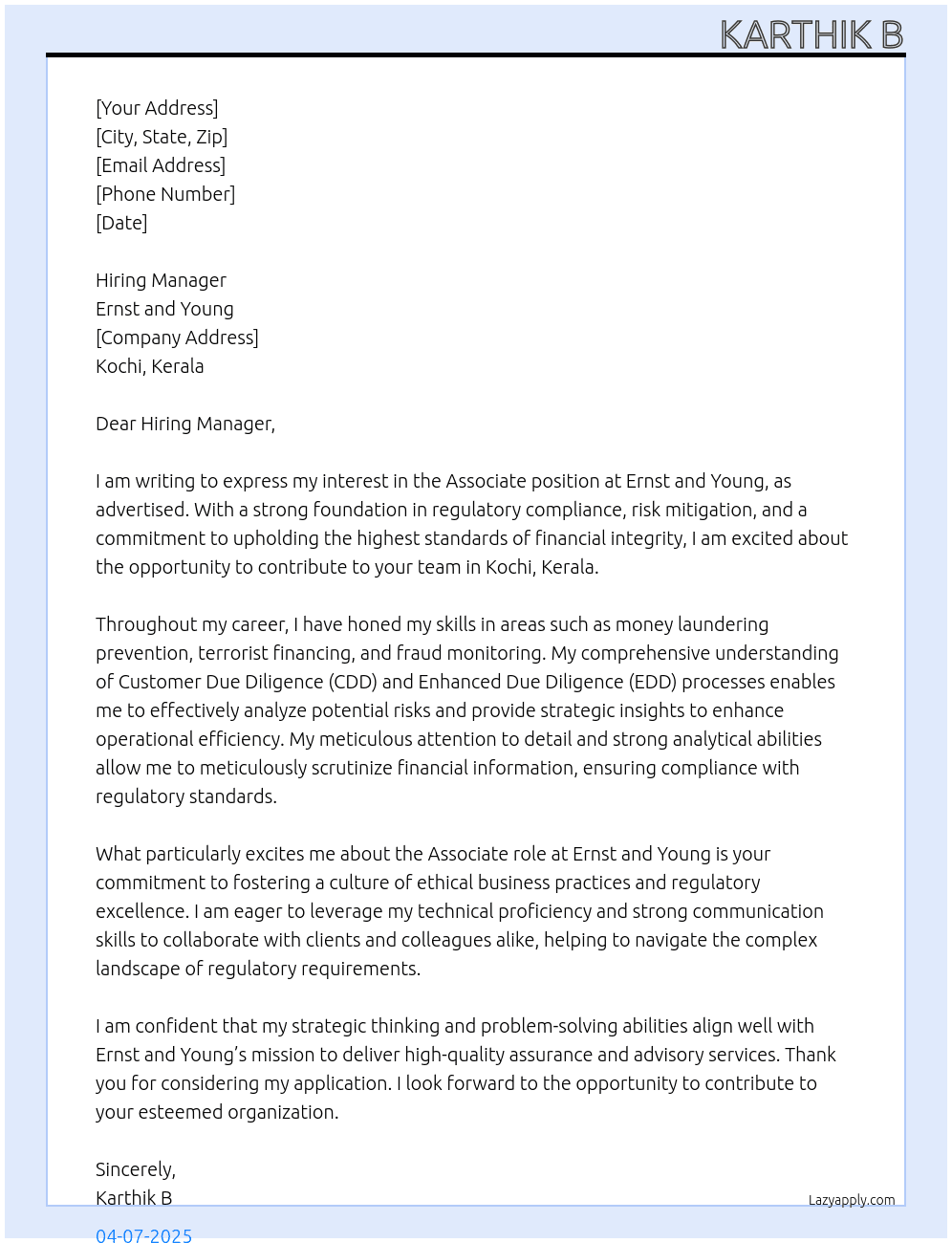 Associate  At Ernst and Young  Cover Letter