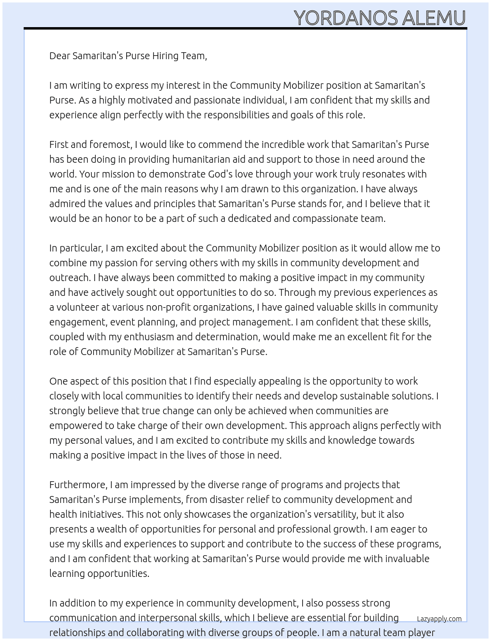 Community Mobilizer At Samaritan’s Purse Cover Letter