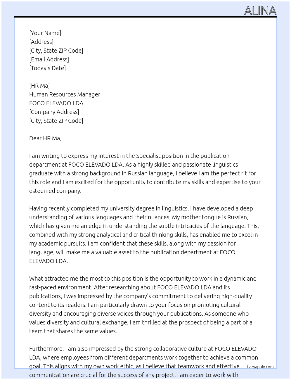 Specialist in the publication department At FOCO ELEVADO LDA Cover Letter