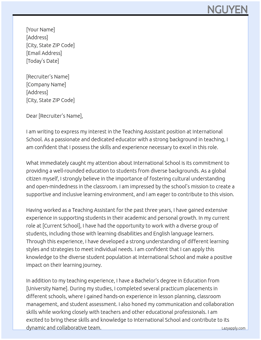 Teaching Assistant At International School Cover Letter