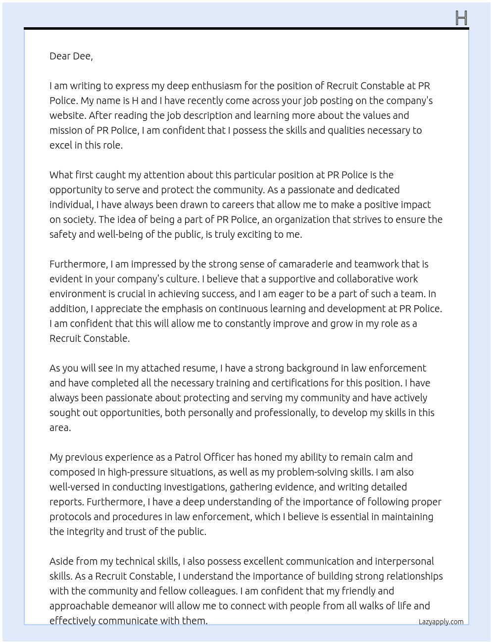 Recruit Constable At PR Police Cover Letter