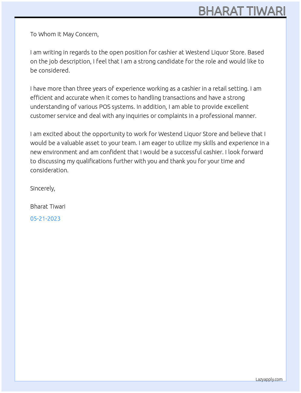 cashier At Employer detailsWESTEND LIQUOR STORE Cover Letter