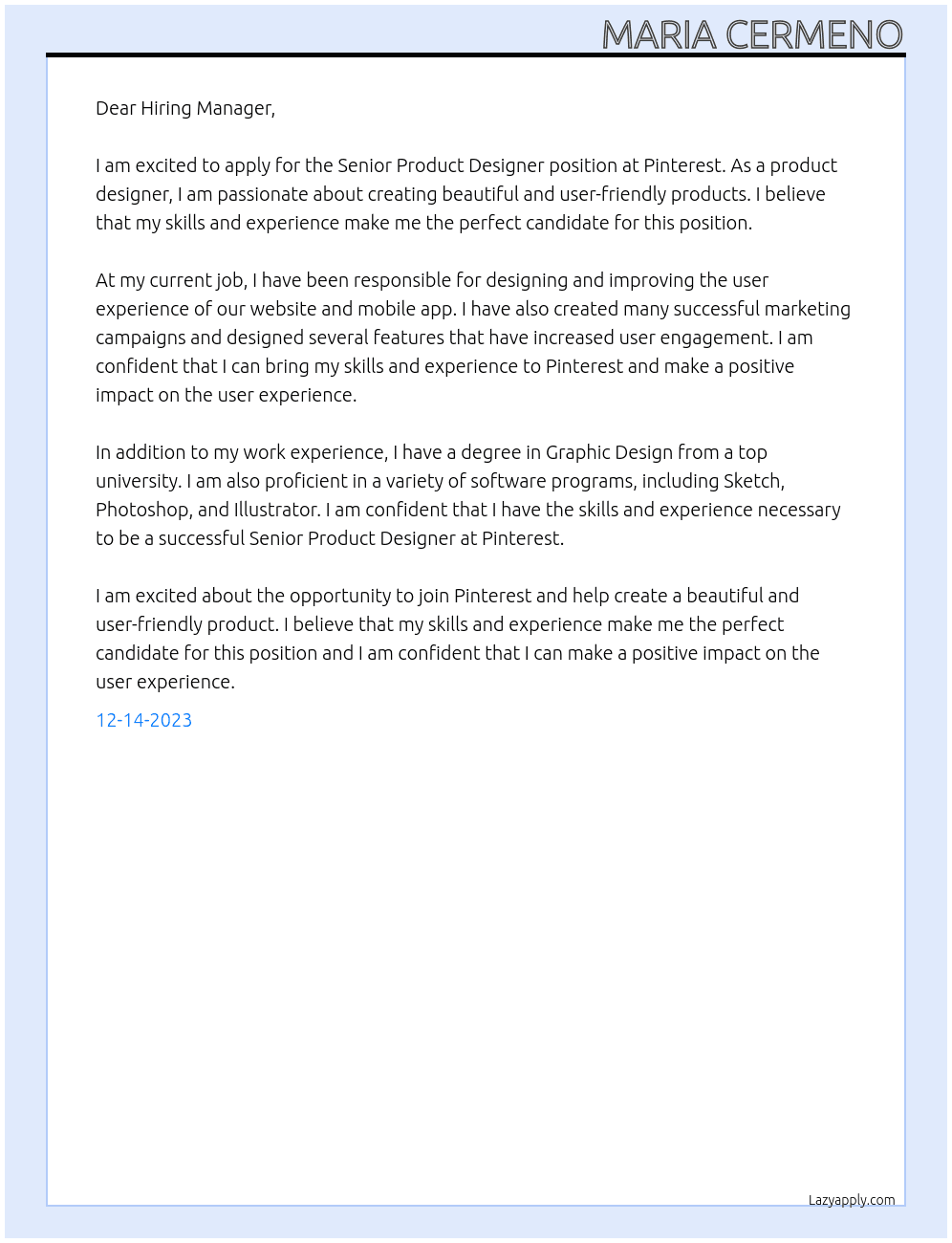 Senior Product Designer At Pinterest Cover Letter