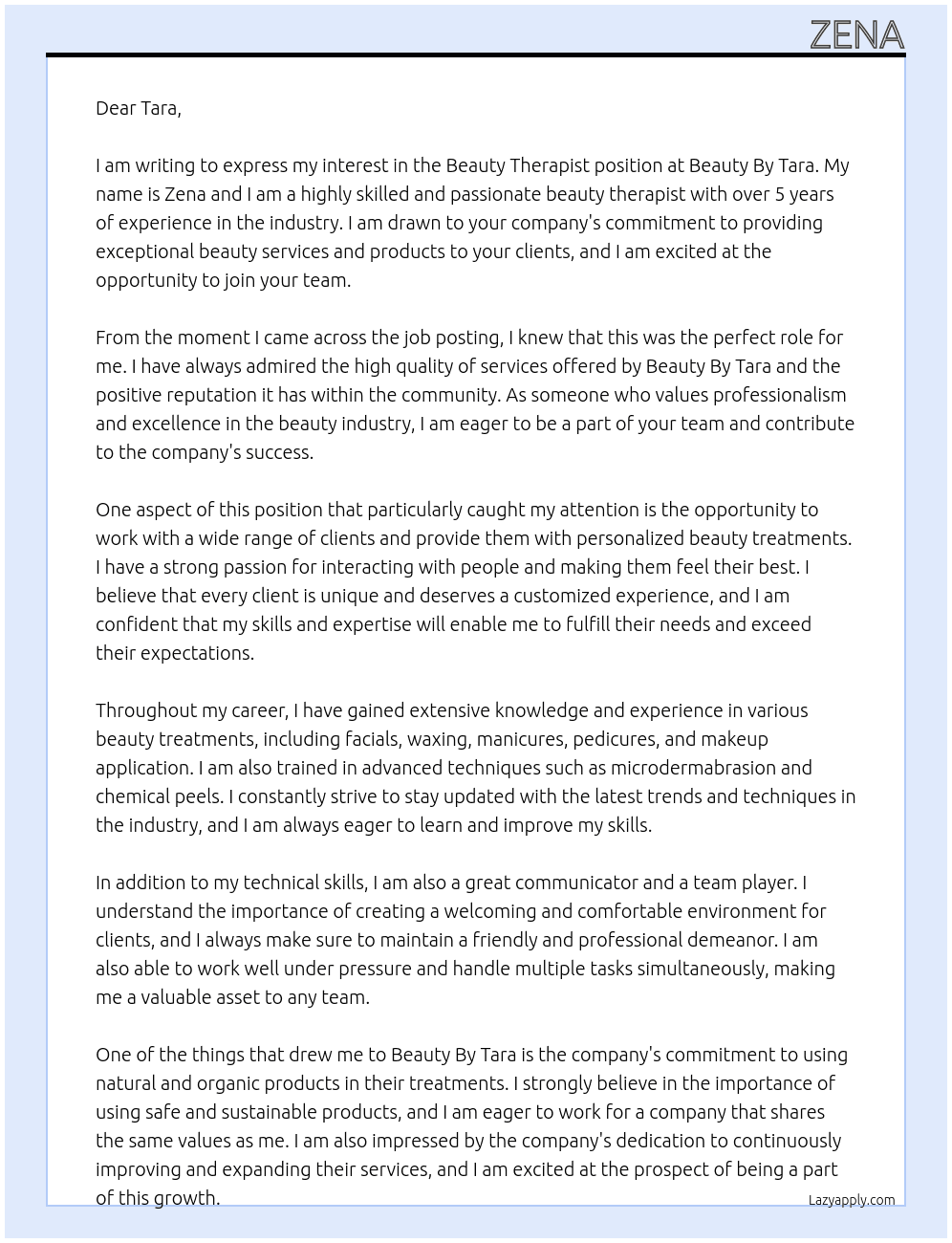 Beauty Therapist At Beauty By Tara Cover Letter