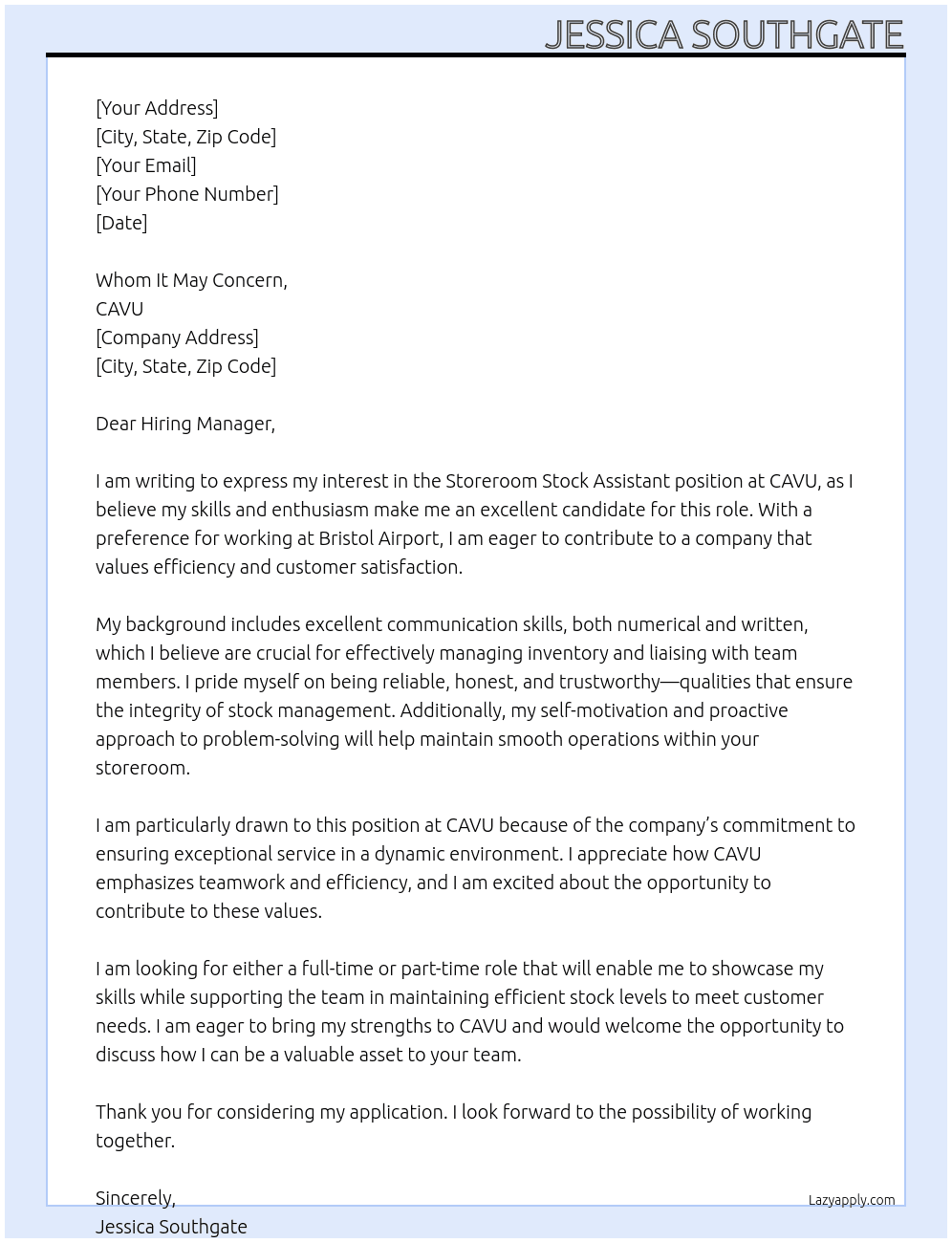 Storeroom Stock Assistant  At CAVU Cover Letter