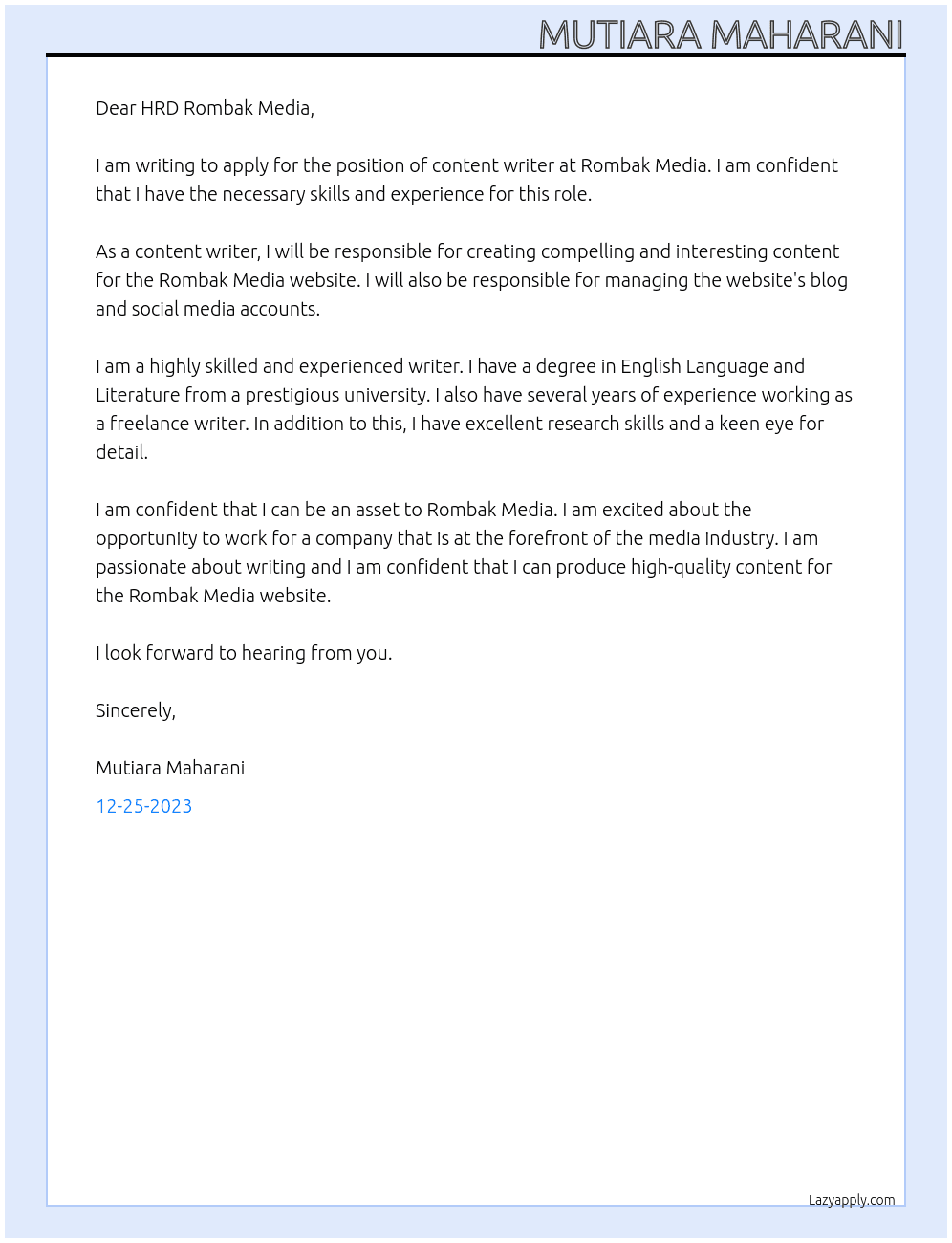 content writer At Rombak Media Cover Letter