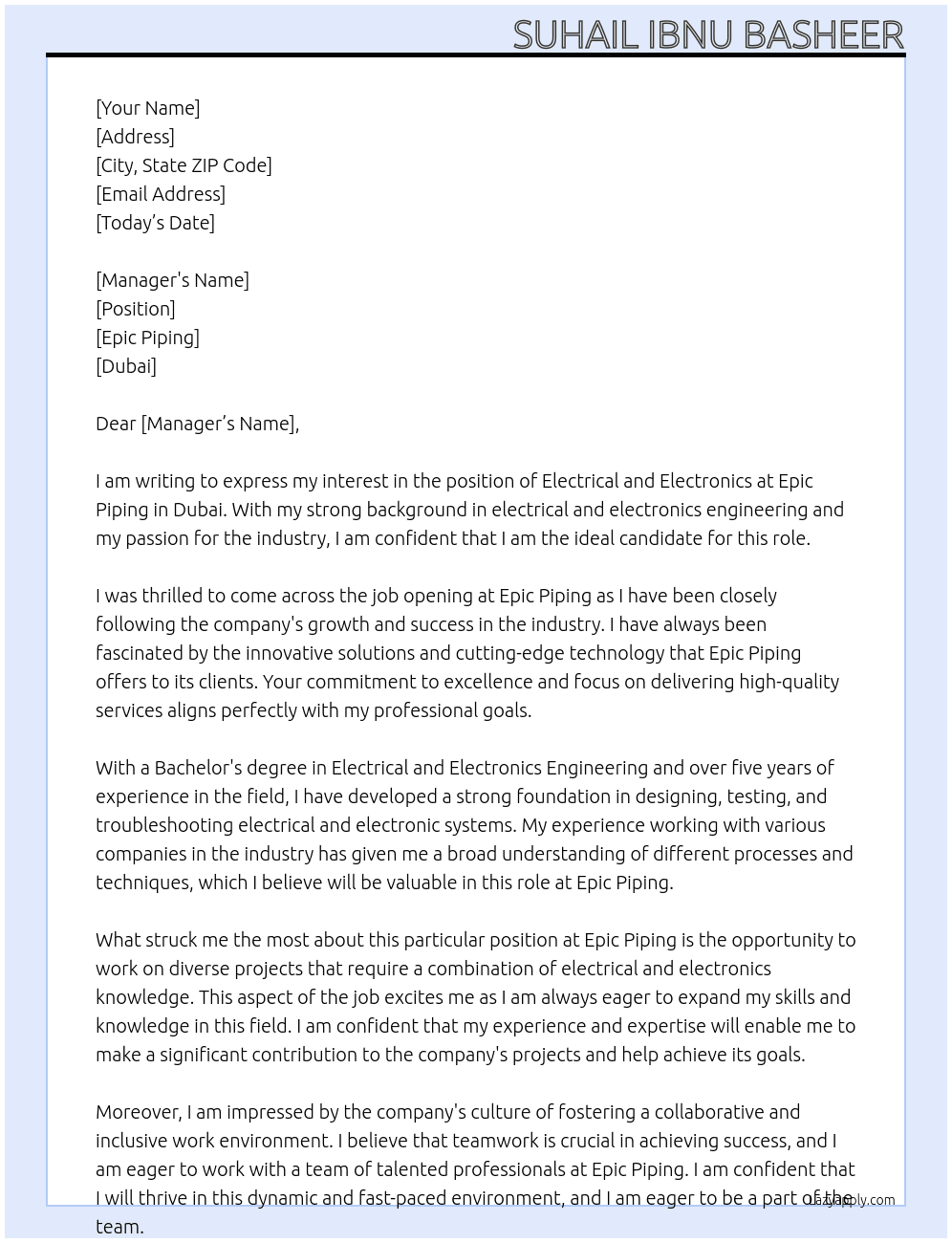 ELECTRICAL AND ELECTRONICS  At [Epic Piping - Dubai] Cover Letter