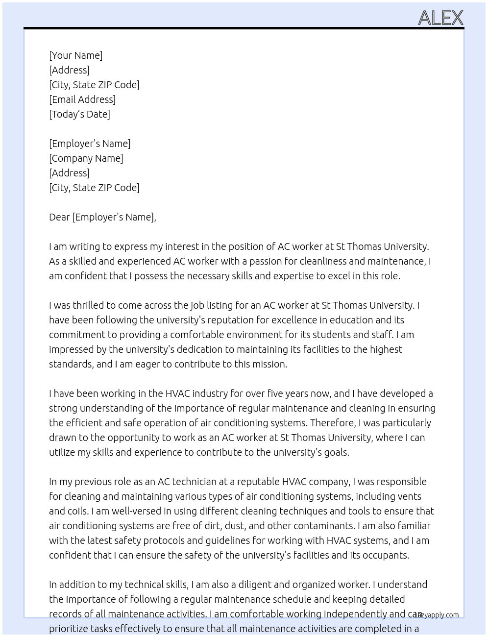 AC worker At St Thomas Cover Letter