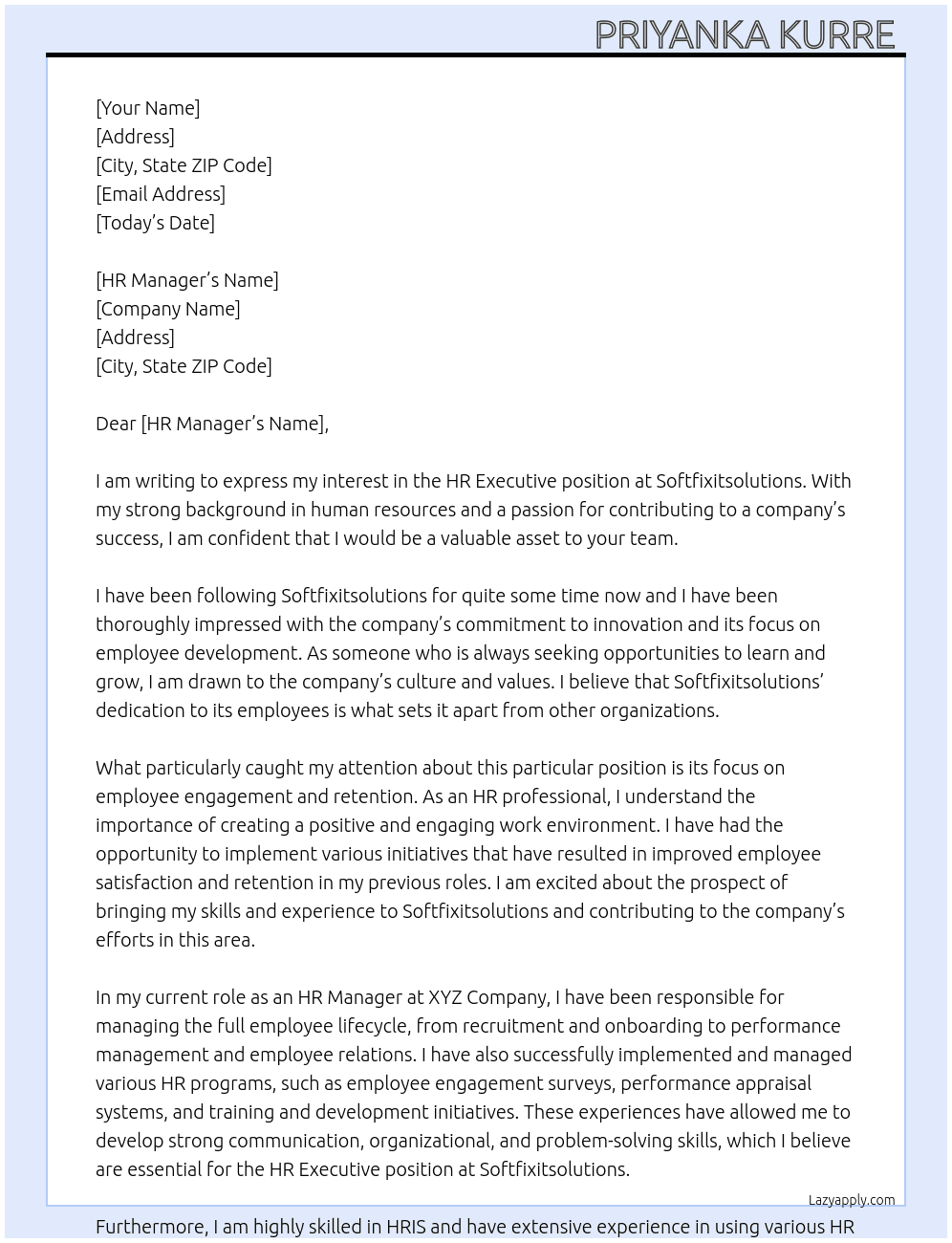 HR executive  At Softfixitsolutions Cover Letter