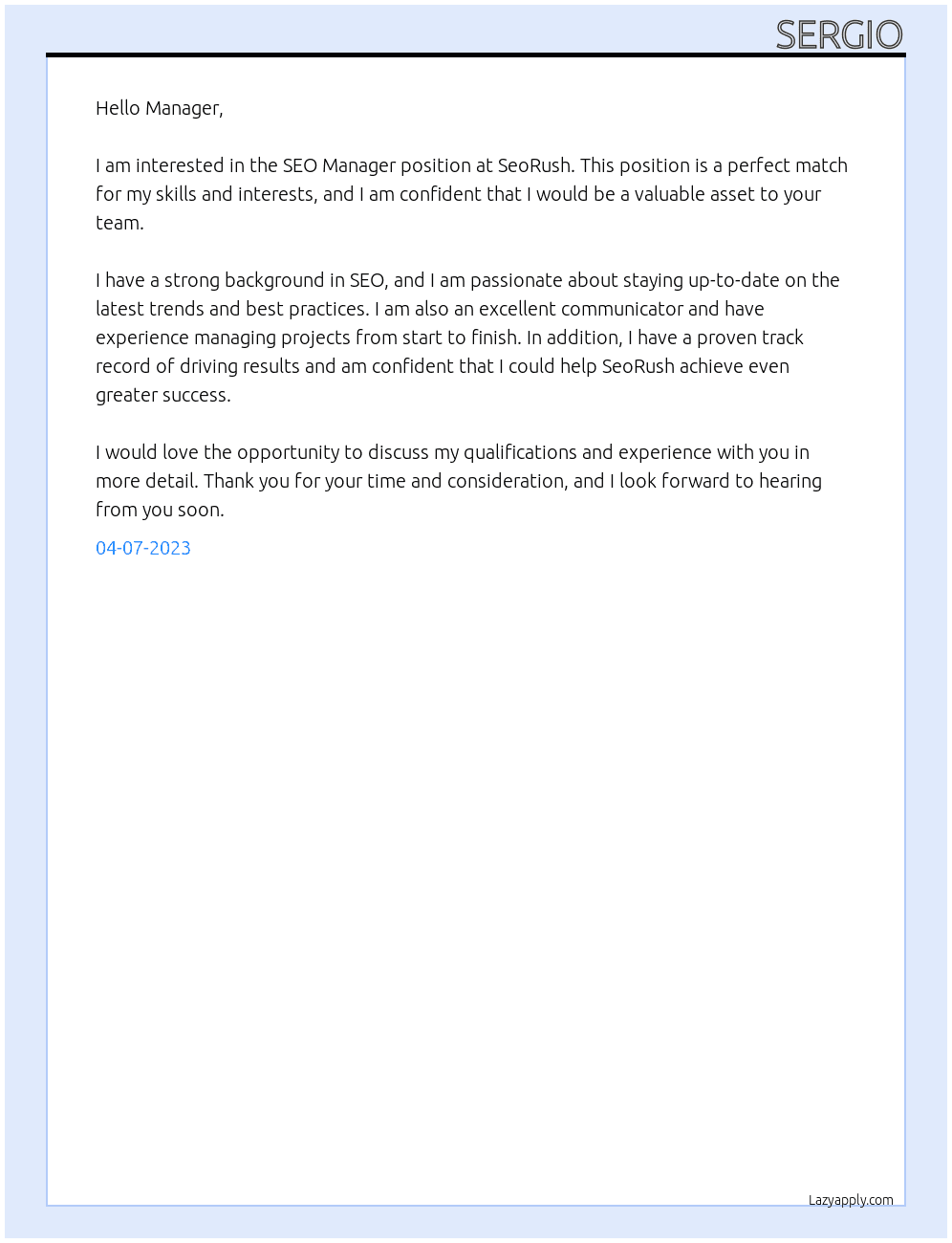 seo manager At SeoRush Cover Letter