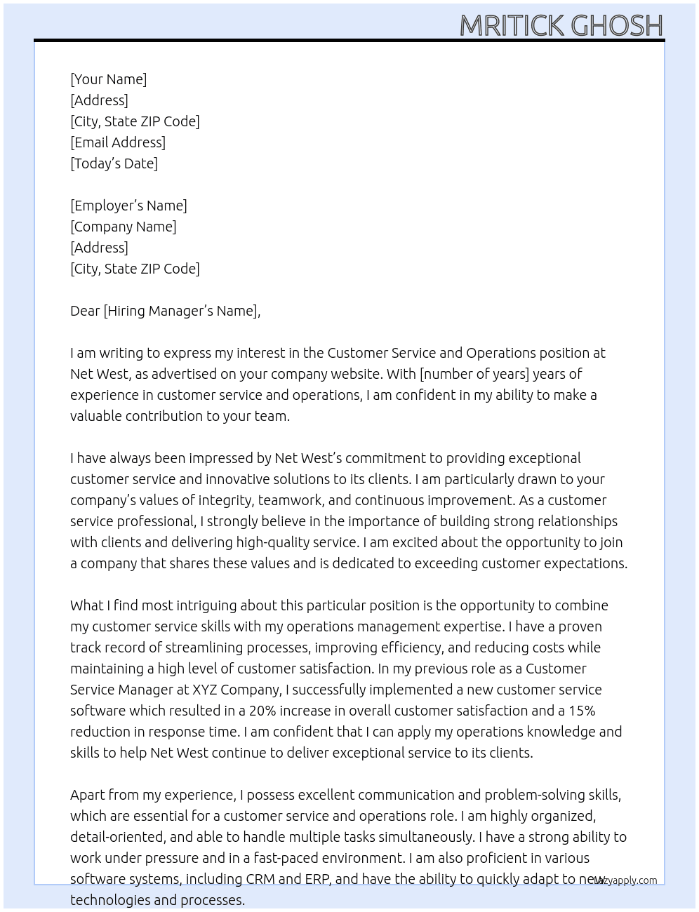 Customer Service and Operations At Net West Cover Letter