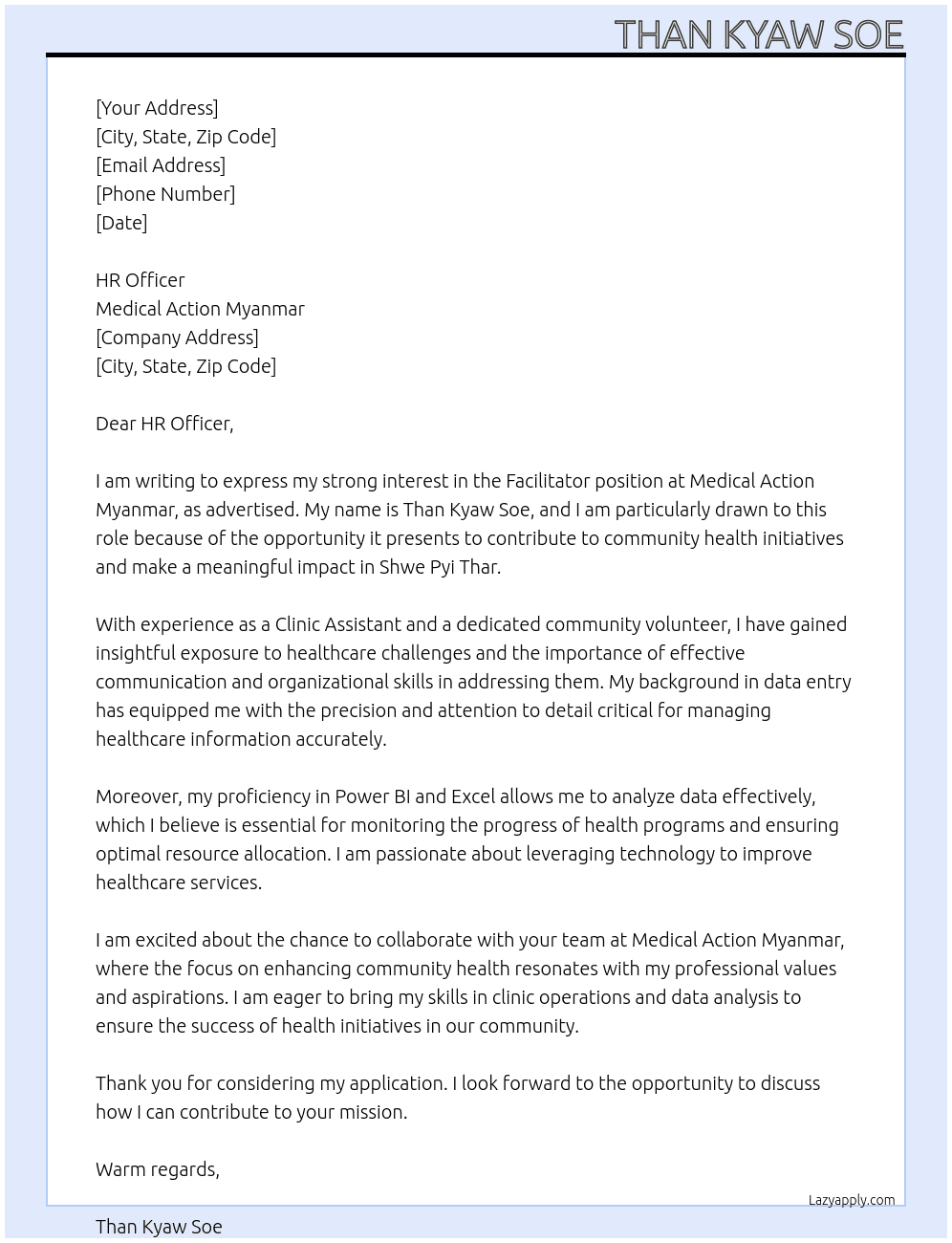 Facilitator At Medical Action Myanmar Cover Letter