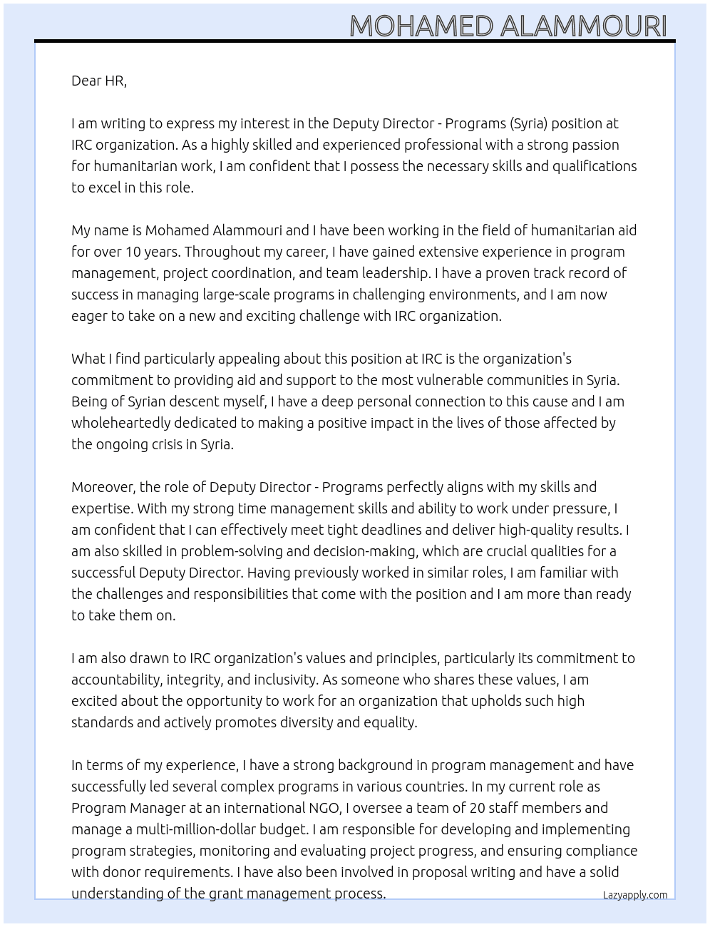 Deputy Director - Programs (Syria) At IRC organisation  Cover Letter