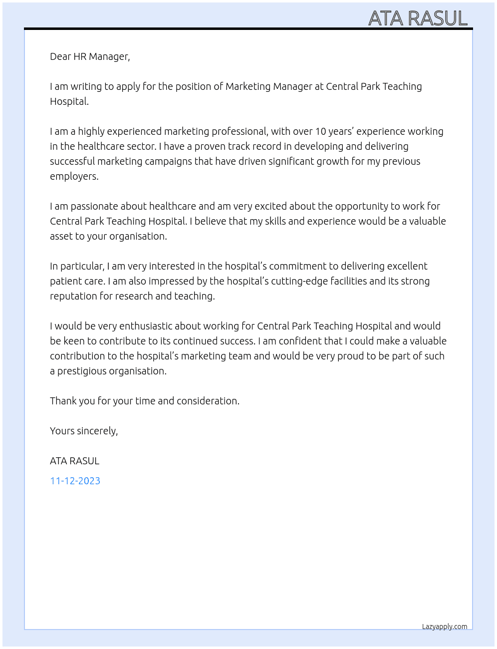 Marketing manager At CENTRAL PARK TEACHING HOSPITAL Cover Letter