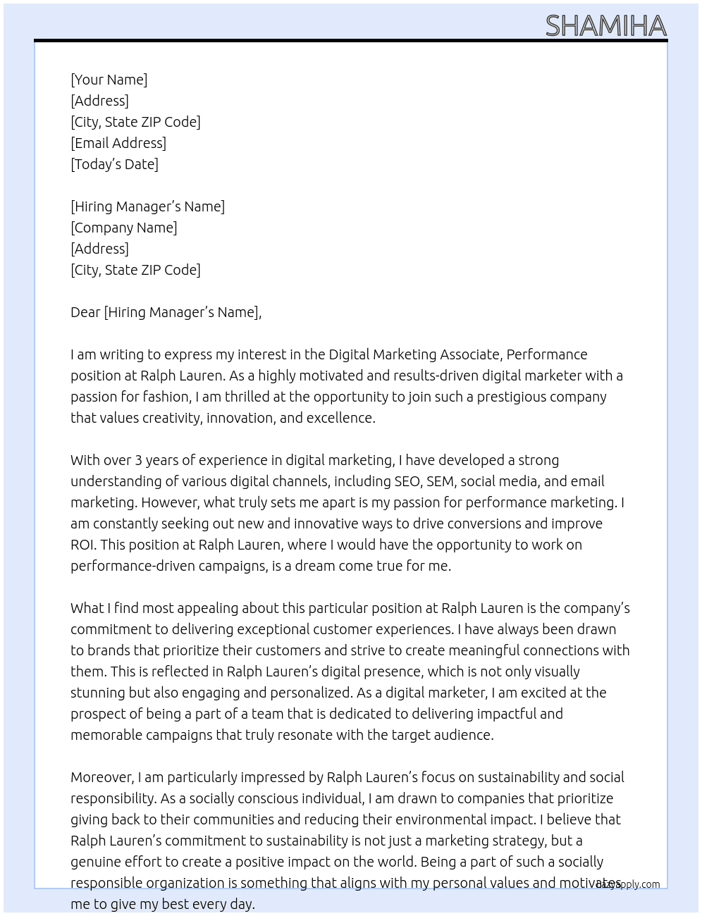 Digital Marketing Associate, Performance At Ralph Lauren Cover Letter