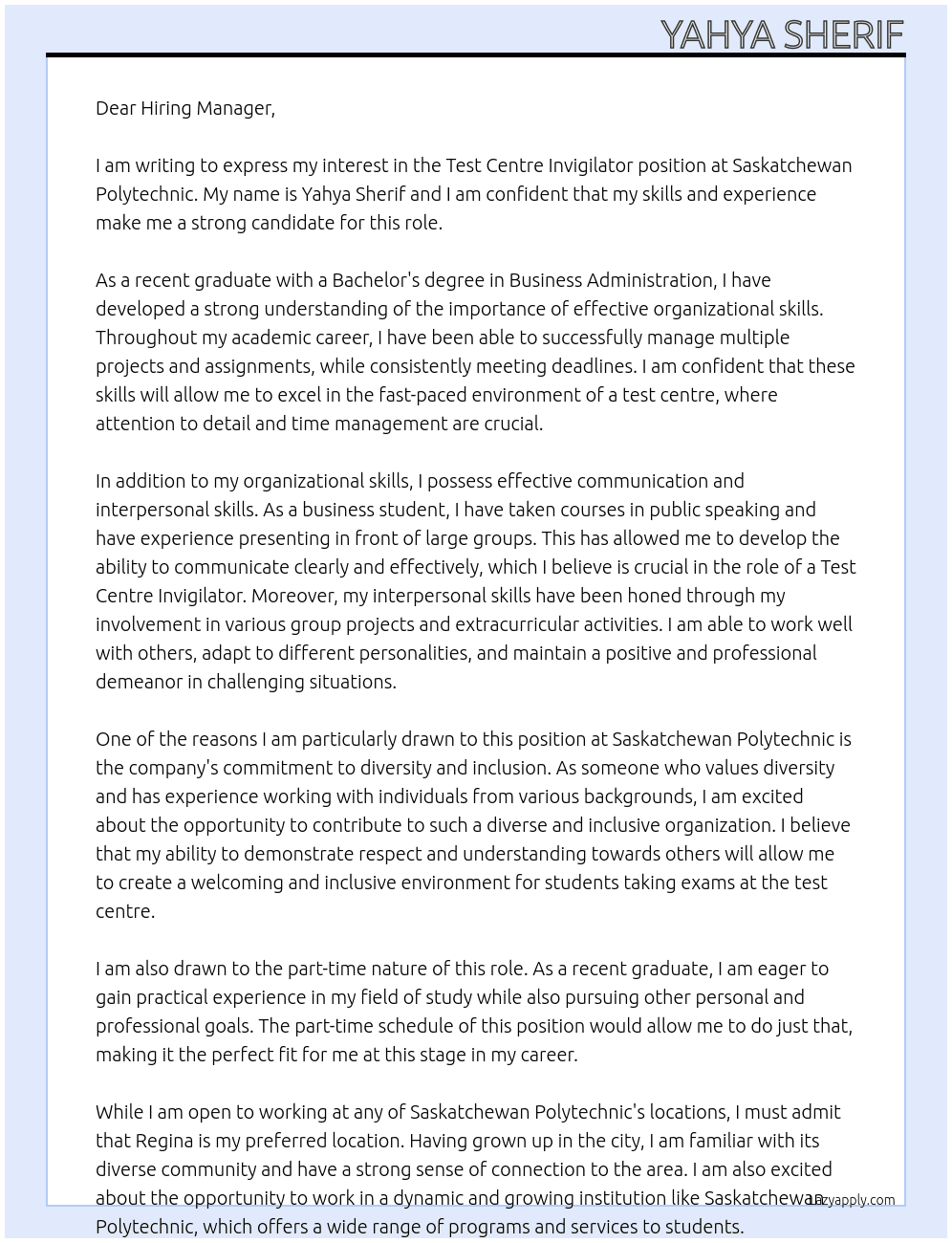  Test Centre Invigilator At Saskatchewan Polytechnic Cover Letter