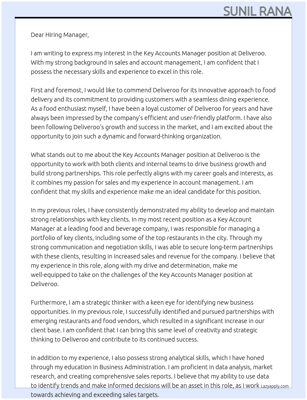 Key Accounts Manager  At Deliveroo Cover Letter