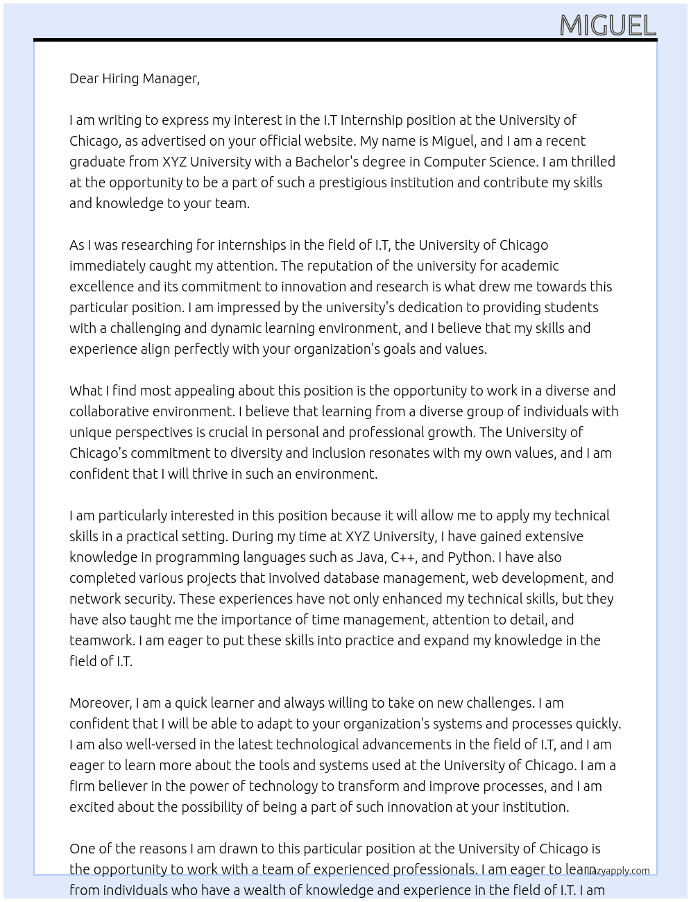 I.T At University of Chicago Cover Letter
