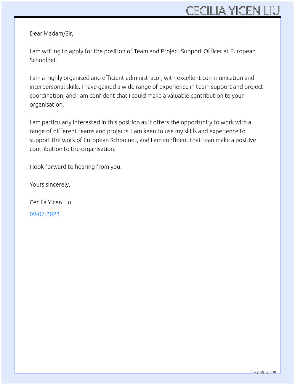 Team and Project Support Officer At European Schoolnet Cover Letter