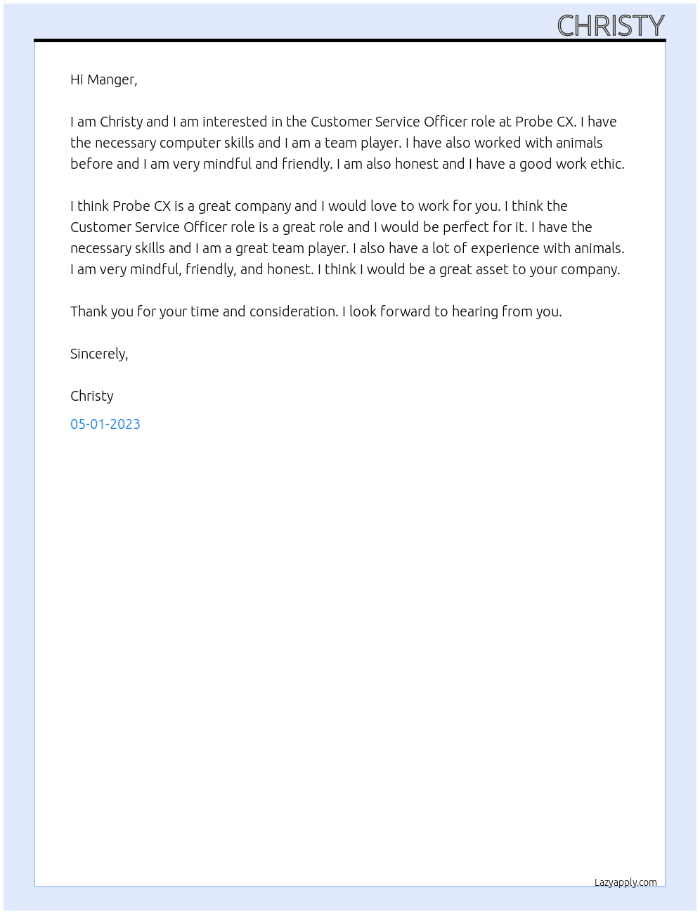 Customer Service Officer At Probe CX Cover Letter