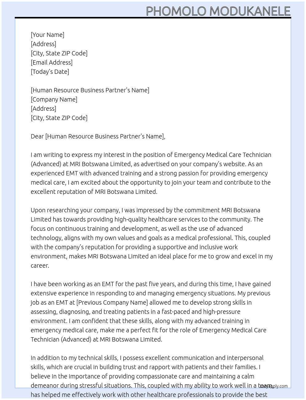 Emergency Medical Care Technician (Advanced) At MRI Botswana Limited  Cover Letter