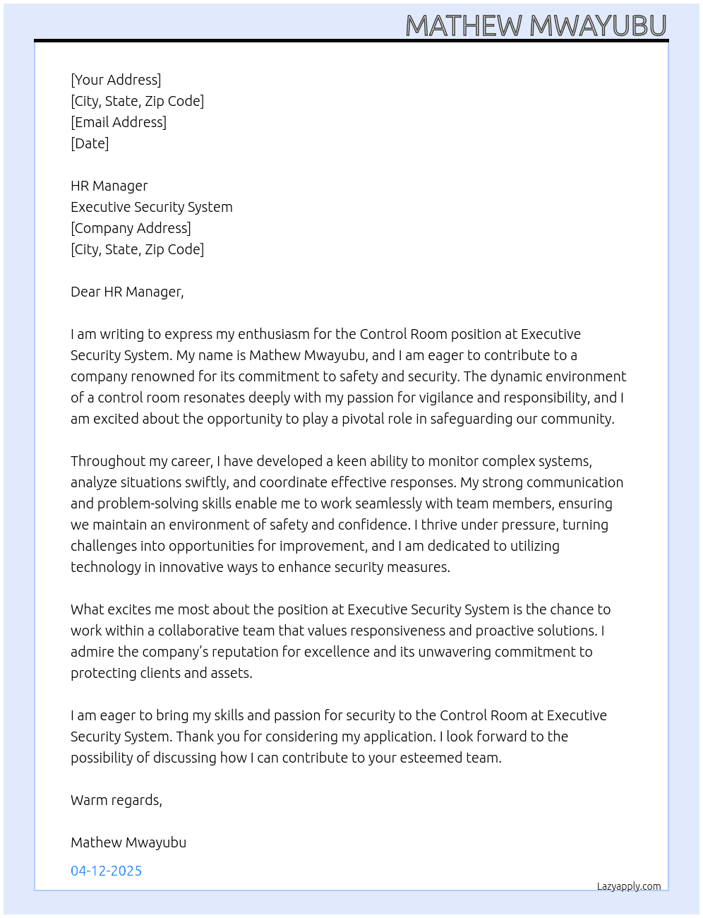 Control room At Executive Security System Cover Letter