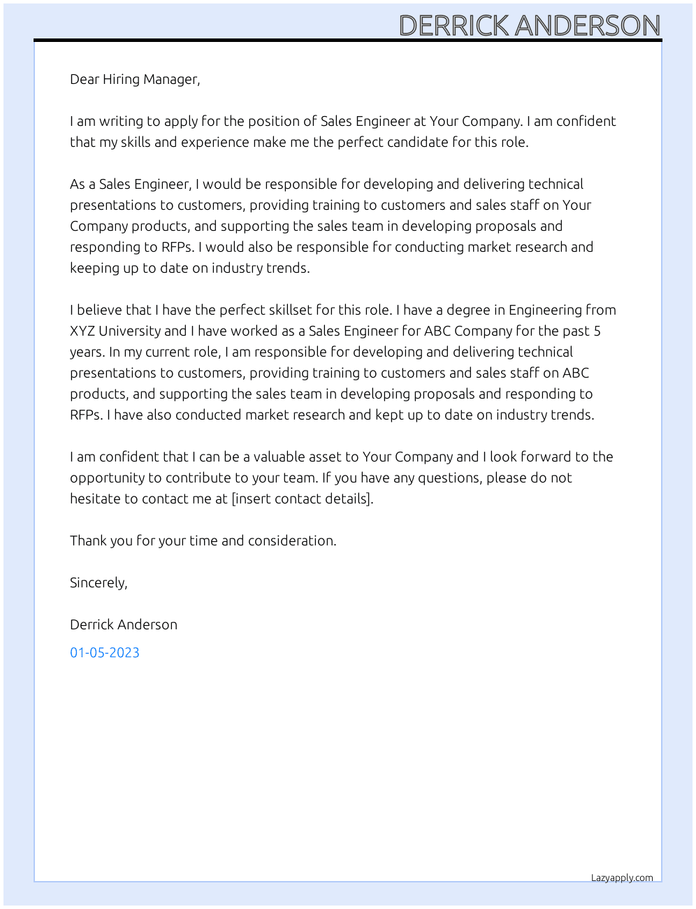 Sales Engineer At Your Company Cover Letter