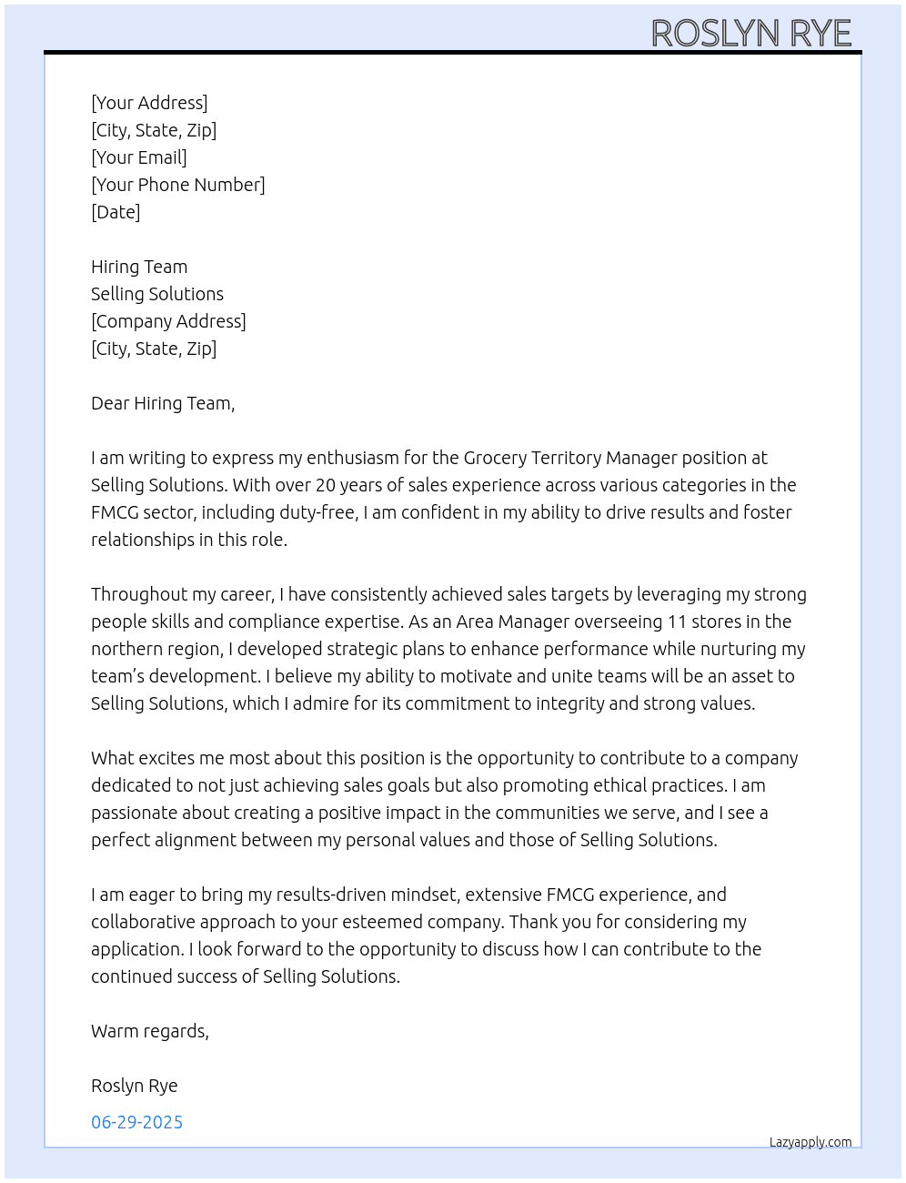 Grocery Territory Manager At Selling Solutions Cover Letter