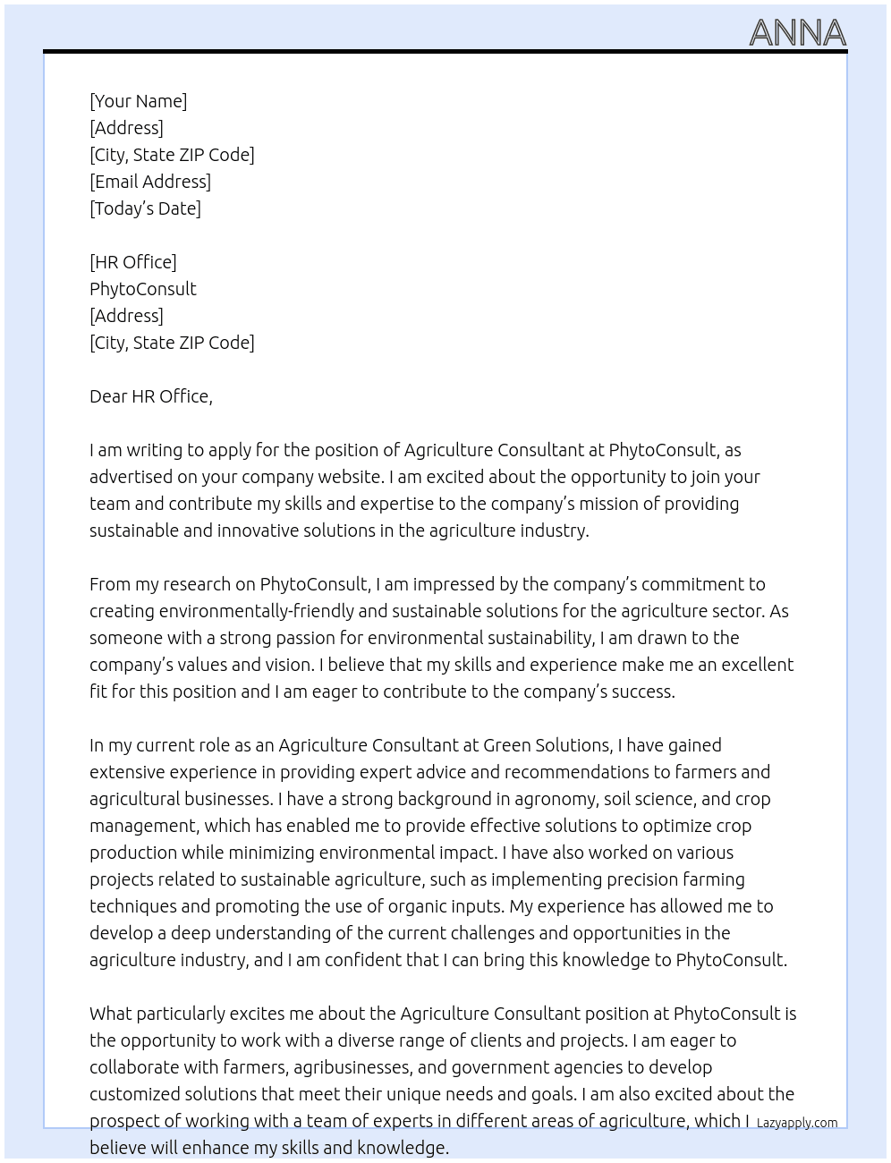 agricolture consultant At PhytoConsult Cover Letter
