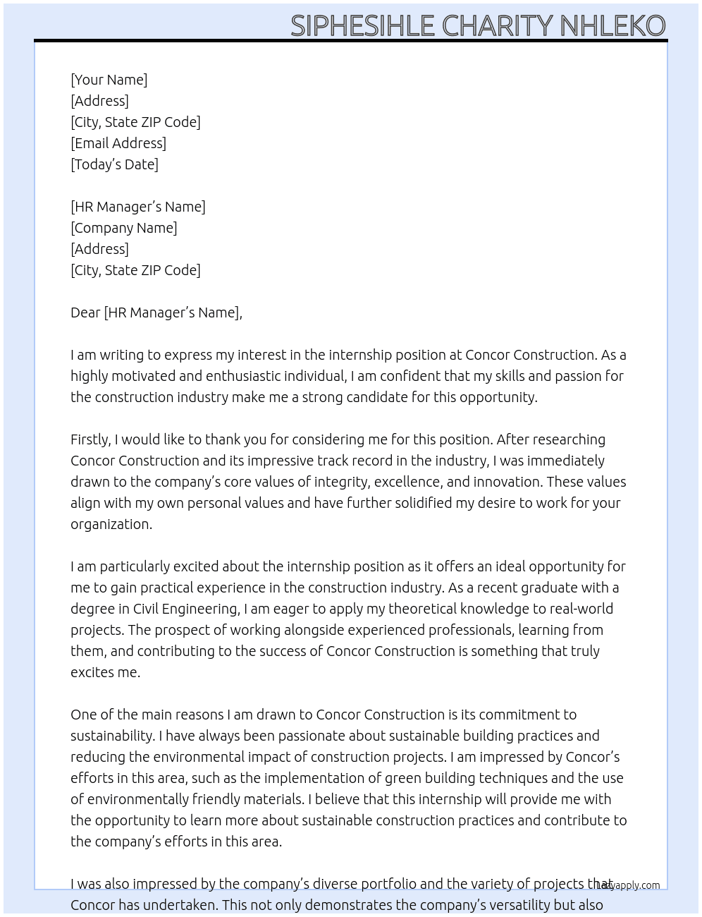 Internship At Concor Construction Cover Letter