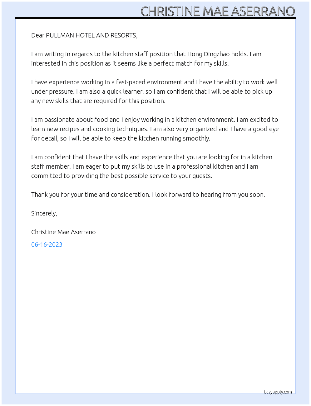 Kitchen staff At PULLMAN HOTEL AND RESORTS Cover Letter
