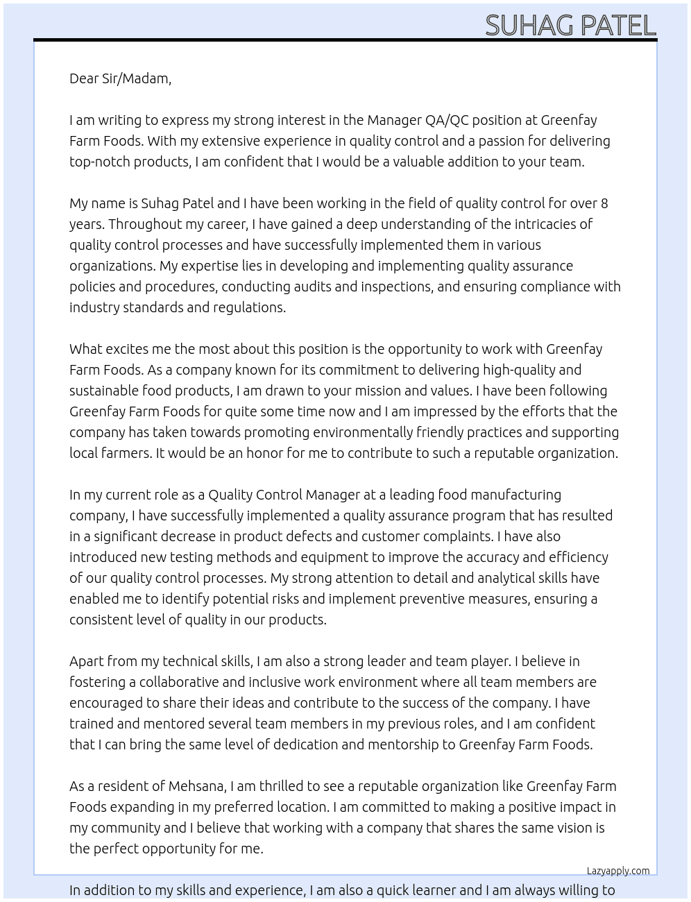 Manager QA/QC  At Greenfay farm Foods Cover Letter