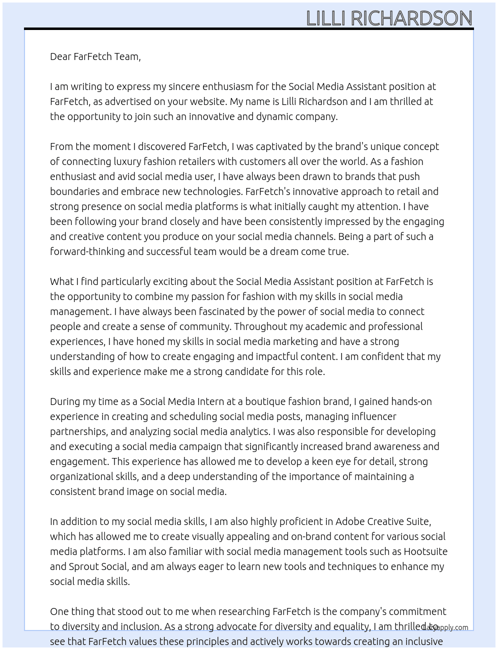 Social Media Assistant At FarFetch Cover Letter