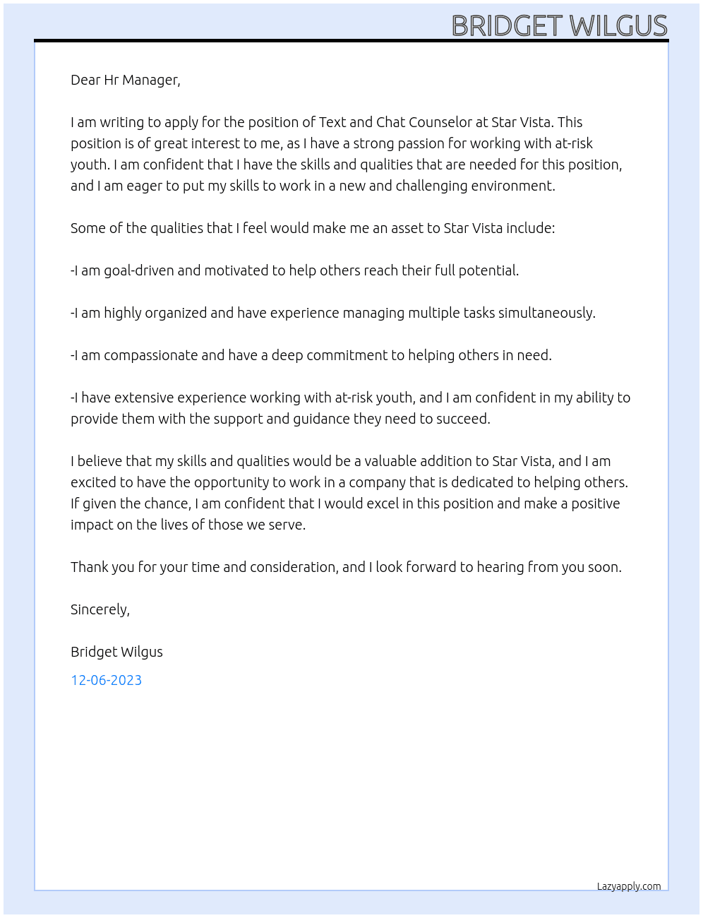Text and chat counselor At Star Vista Cover Letter
