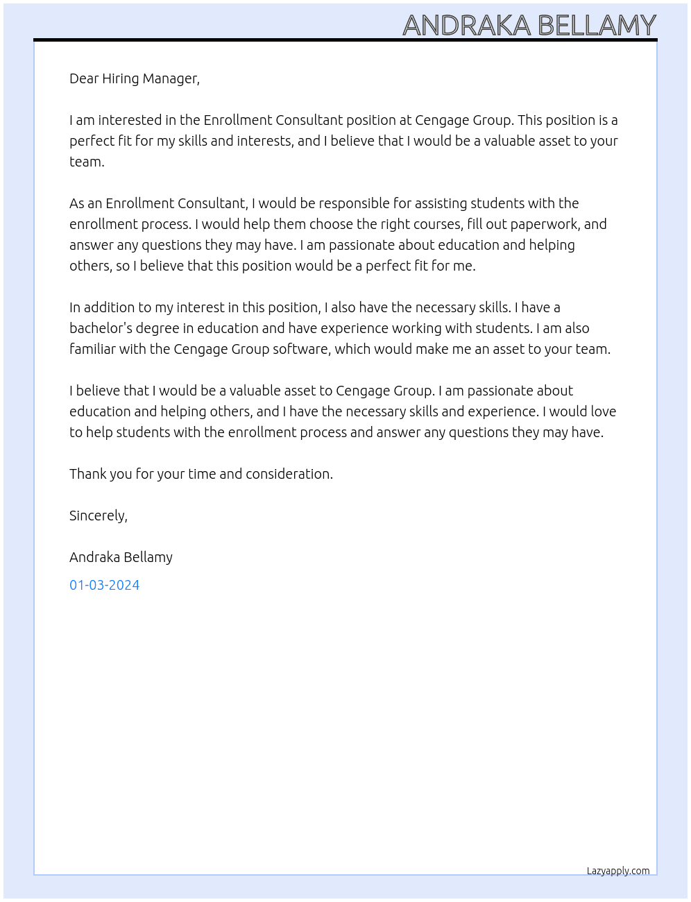 Enrollment Consultant At Cengage Group Cover Letter