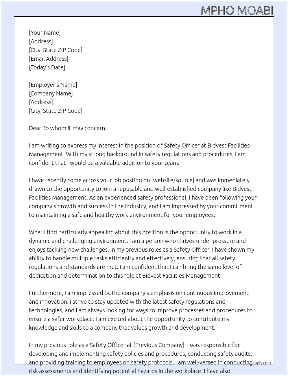 Safety Officer At Bidvest Facilities Management Cover Letter