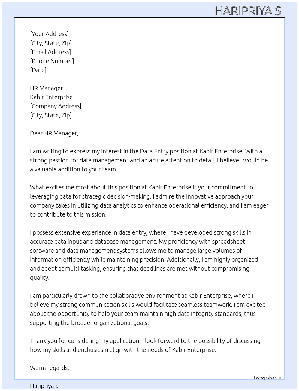 Data entry  At Kabir enterprise  Cover Letter