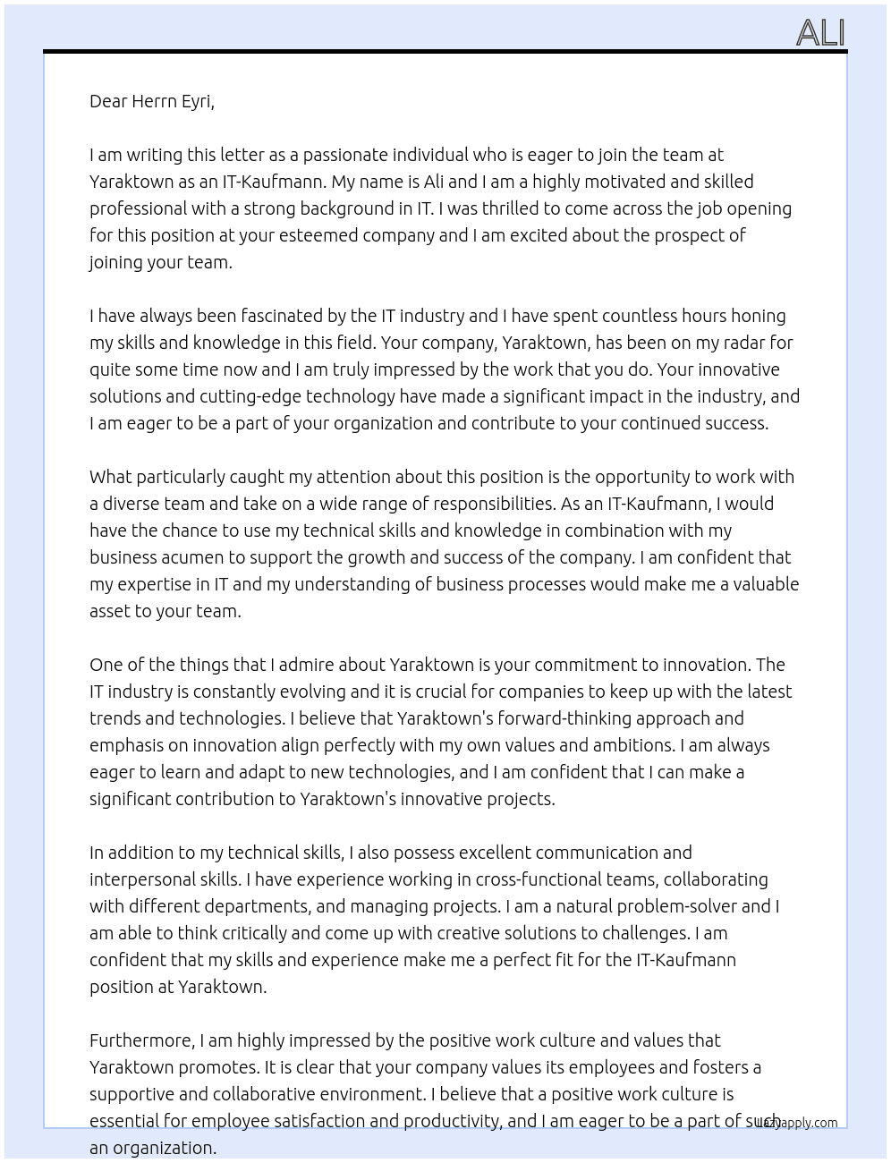 IT-Kaufmann At Yaraktown Cover Letter