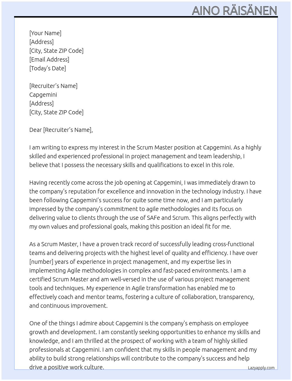 Scrum Master At Capgemini Cover Letter