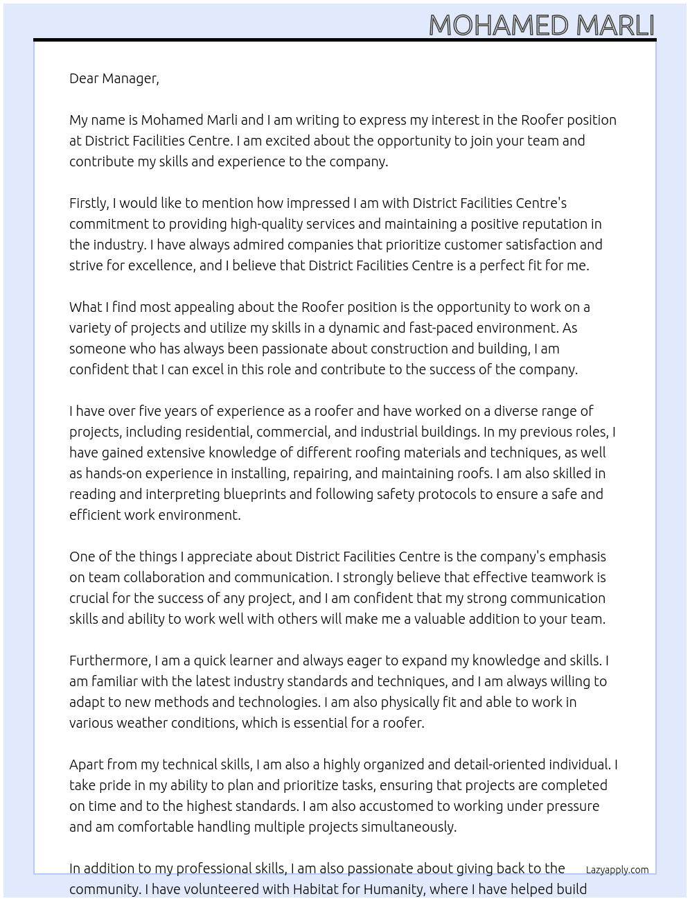 Roofer At District Facilities Centre Cover Letter